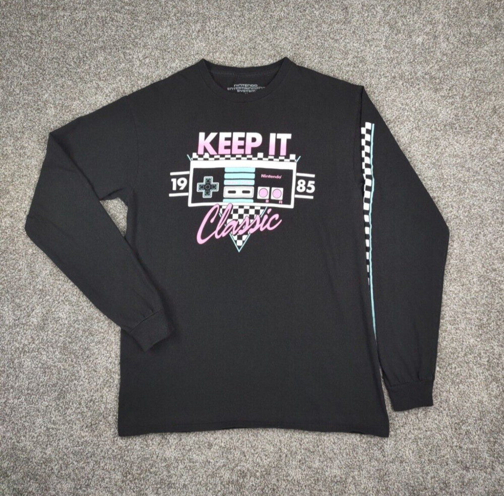 Classic Nintendo Shirt Men Medium Black Pink Checkered Long Sleeve Cotton 1985